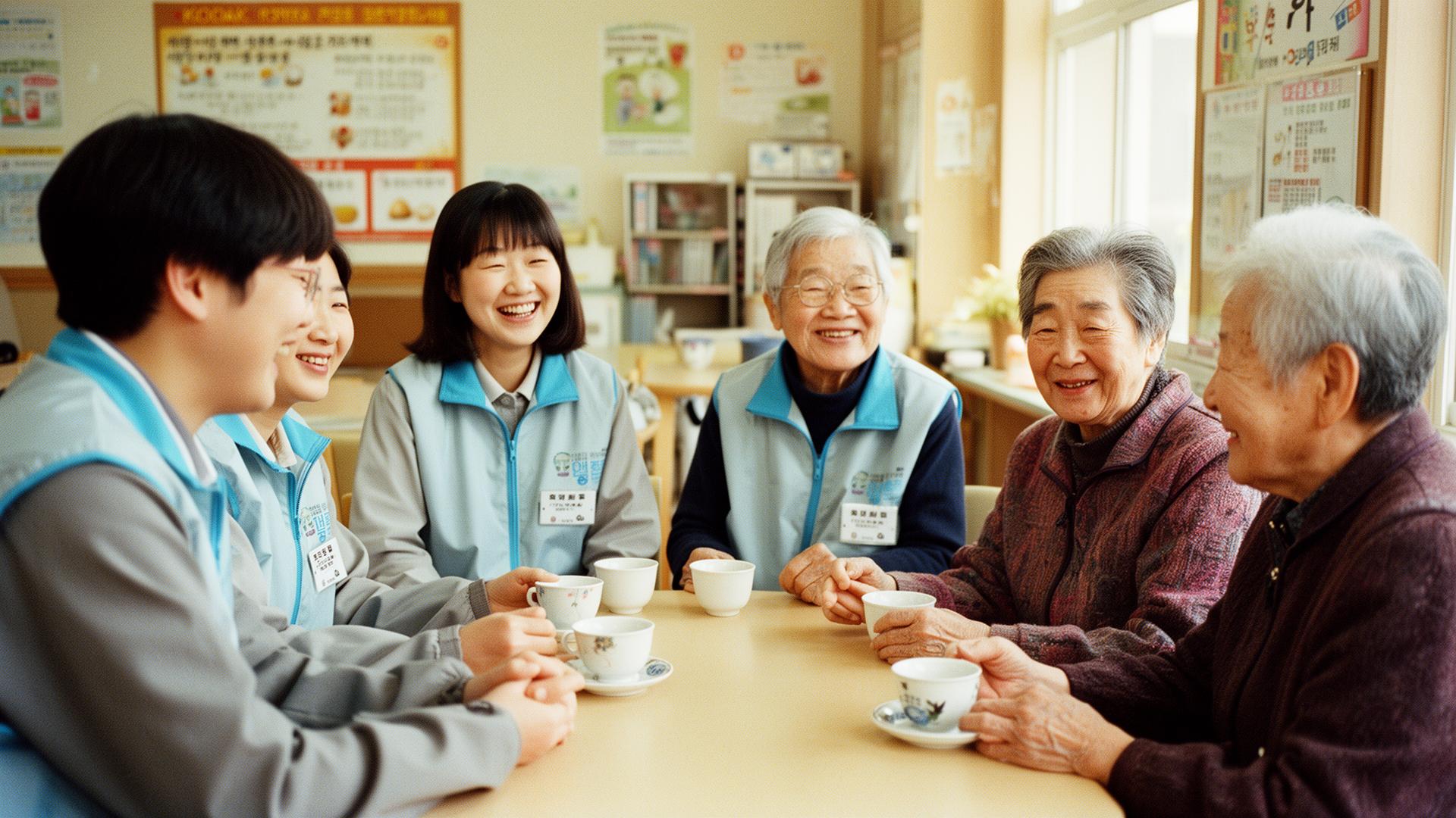 Volunteers and seniors sharing tea in a welfare center