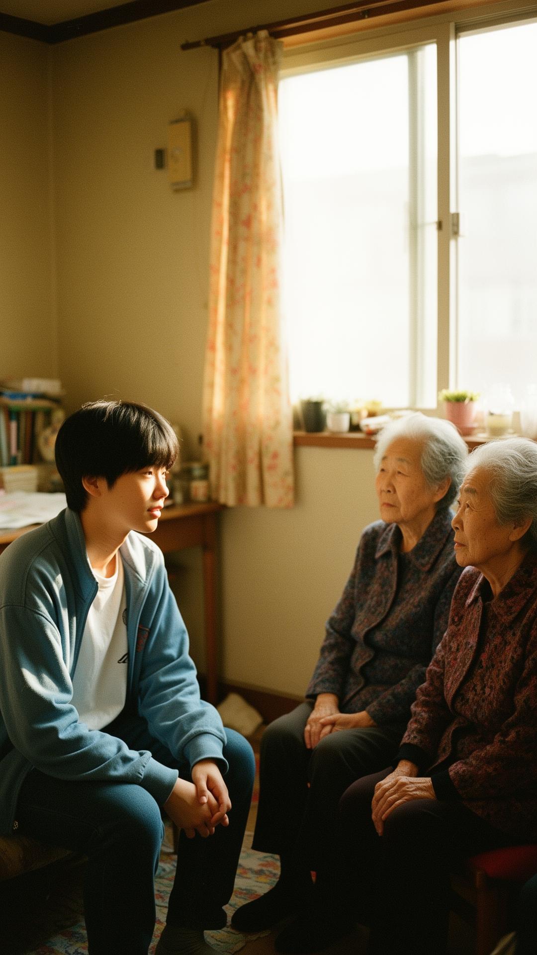 A youth volunteer listening to two elderly women in a sunlit Seoul apartment